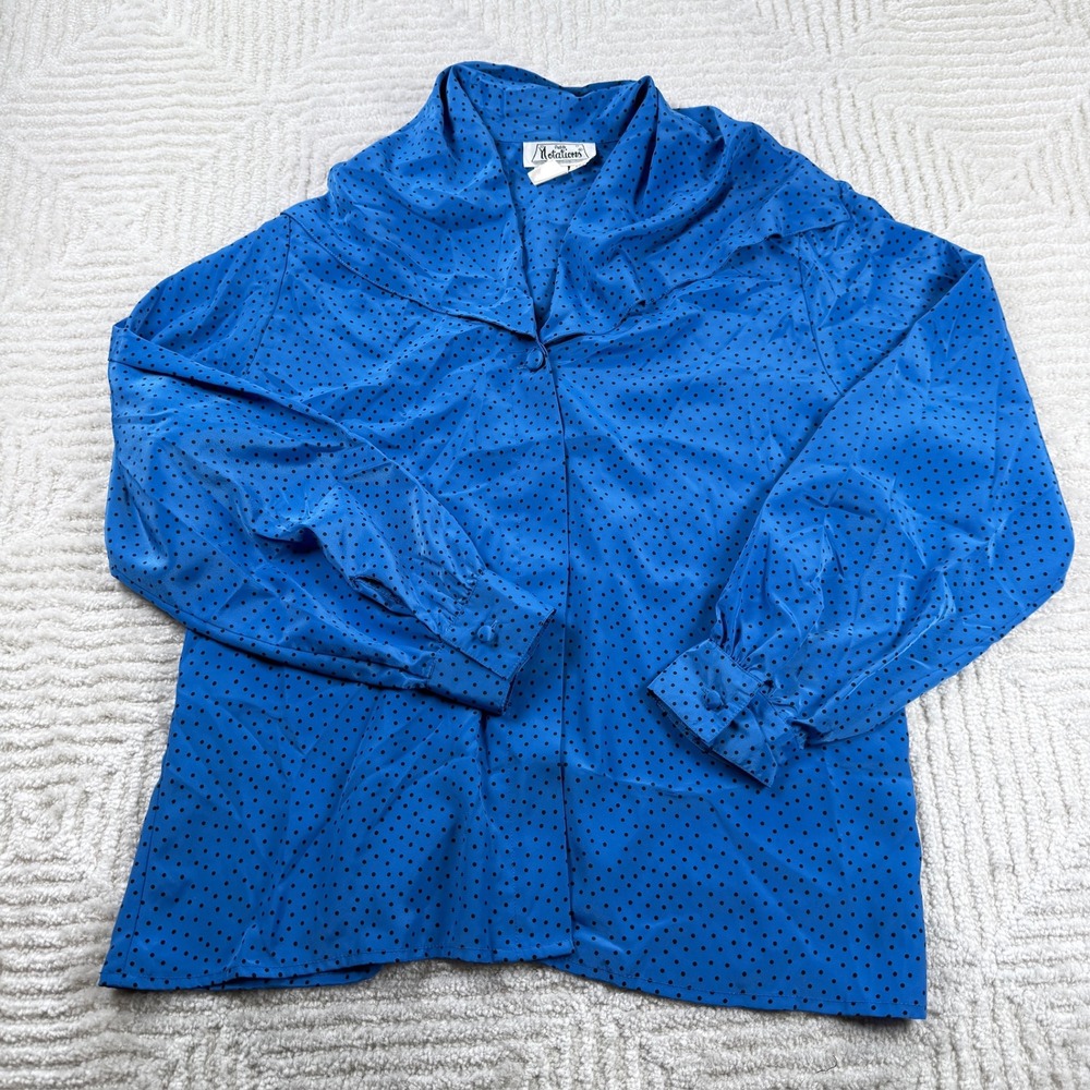 Petite Notations Blouse 10 VTG Retro Blue Polka Dot Secretary Rockabilly Mod